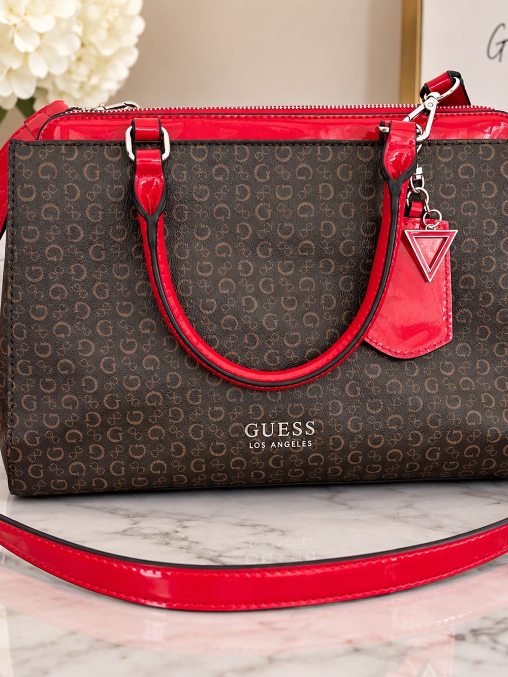 GUESS Brown Monogram Tote Bag Red Patent Trim Shoulder Bag NWOT